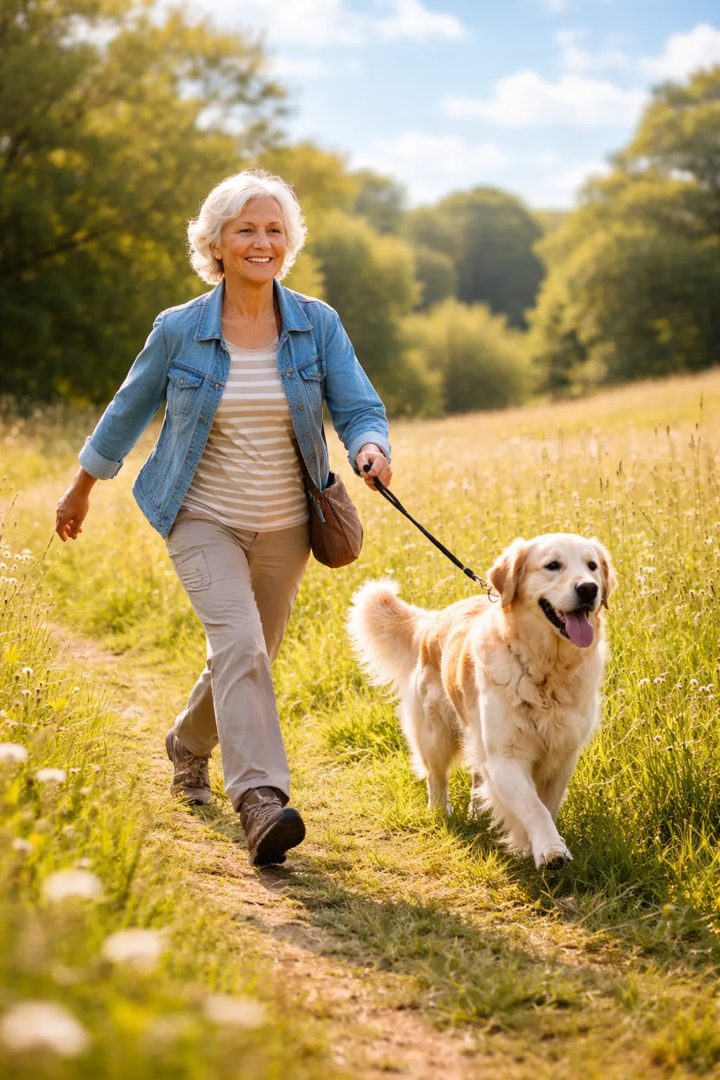 An elderly woman walks her dog in a sunny field