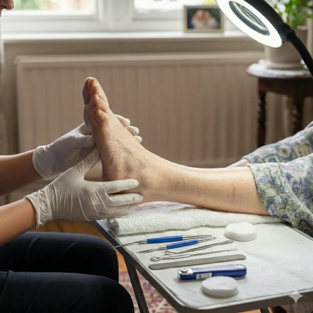 An elderly woman walks her dog in a sunny field